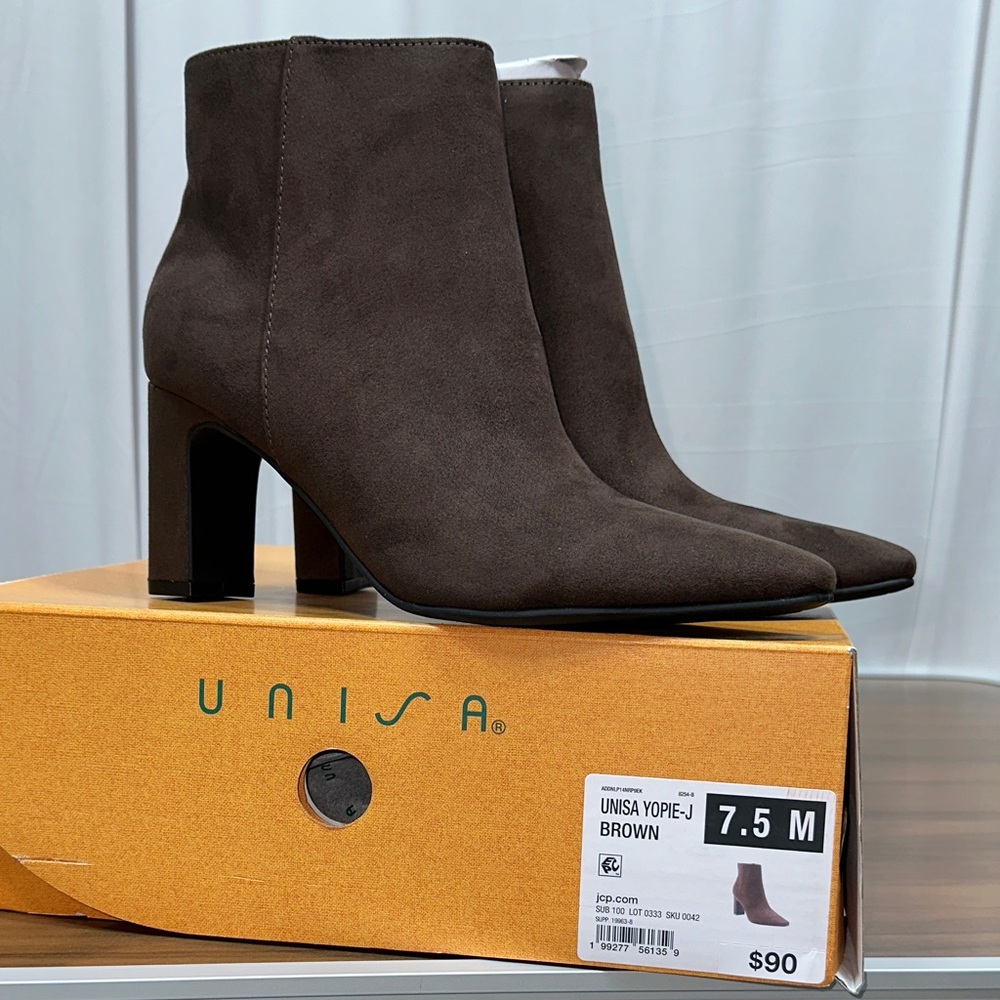 Unisa Dark Brown Suede Pointed Toe Block Heel Ankle Boots